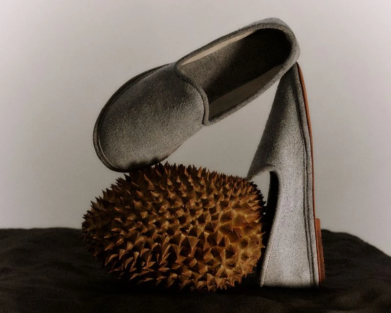 Still life shot featuring a slipper balanced on a durian fruit, set against a neutral backdrop. Soft lighting emphasizes the unique textures.