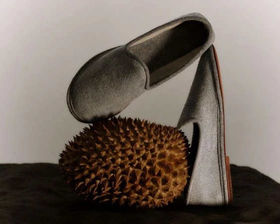 Grey felt slip-on shoes balanced creatively on top of a spiky durian fruit against a plain white background.