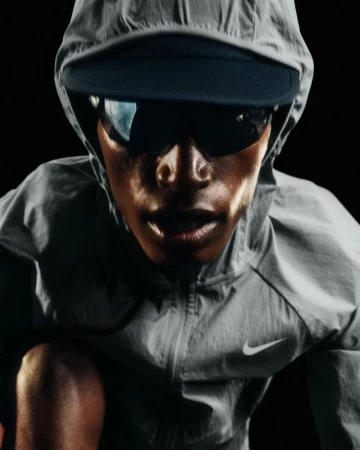 Eye-level close-up of a hooded athlete in a gray jacket and cap, wearing reflective sunglasses, set against a dark black background.