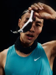 Close-up portrait of a sweating athlete in a blue tank top holding up sports sunglasses for Nike Stride and Swift
