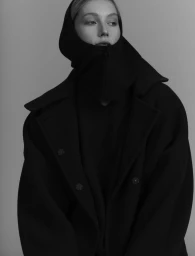 Model wearing a black hooded coat with dark buttons against a solid grey background for HERNO campaign
