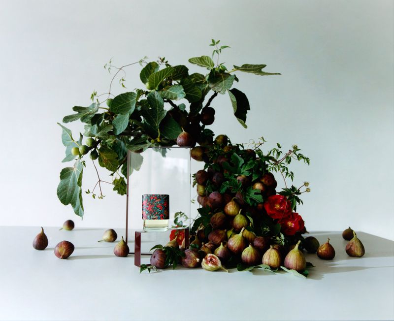 Elegant perfume bottle sits amidst fresh figs, vibrant flowers, and lush greenery, showcasing a blend of nature and luxury against white backdrop.