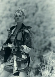Blonde woman wearing outdoor apparel and carrying a backpack holding binoculars outdoors in a natural landscape setting
