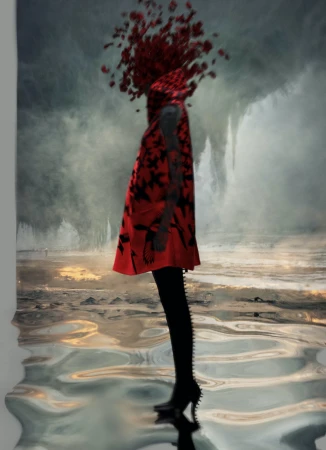 Abstract fashion image featuring a person in a red and black dress with a floral headpiece, standing against a surreal, watery landscape.