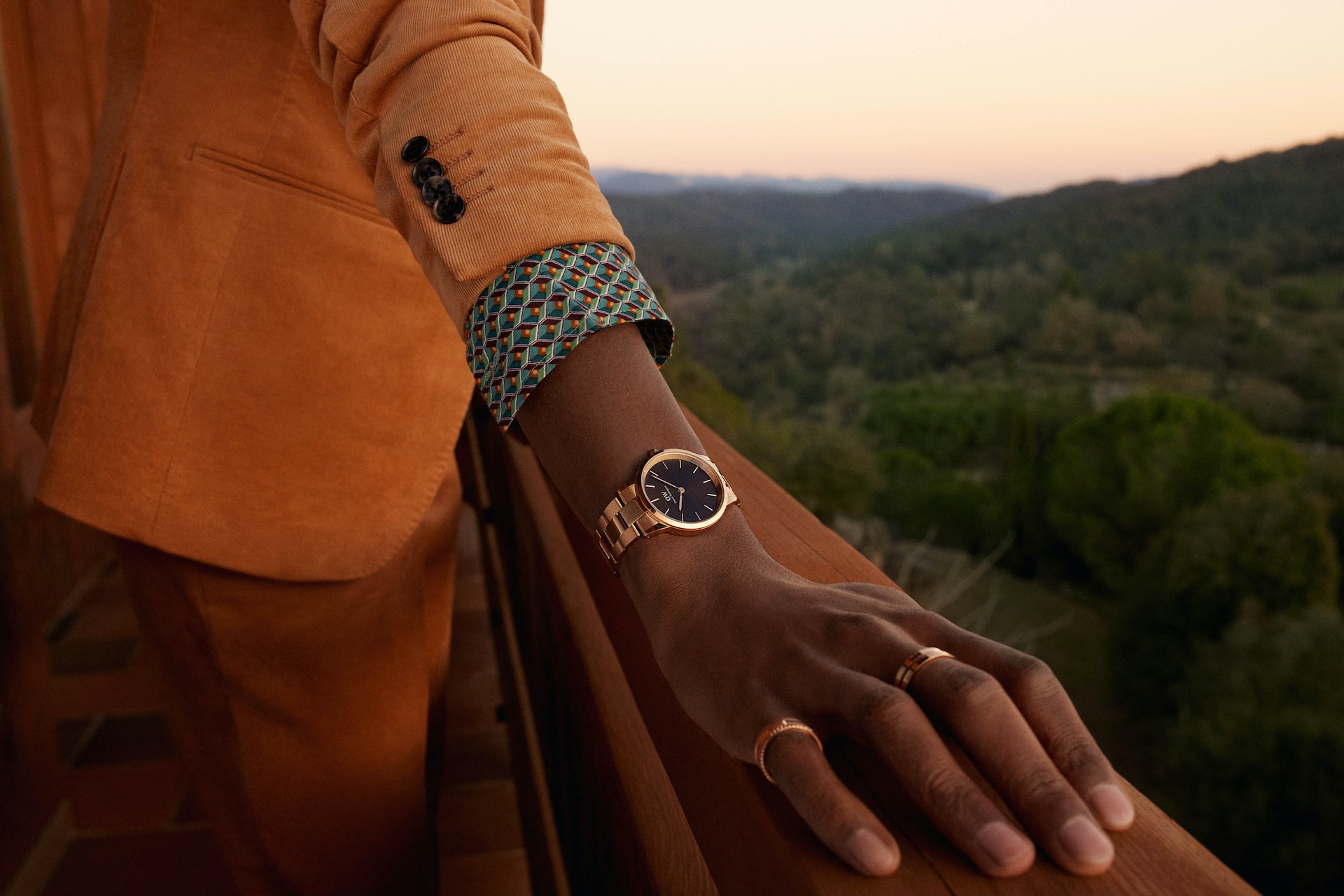 A tan-suited arm displaying a gold watch and rings rests on a wooden railing, with green hills and a sunset-tinged sky in the distance.