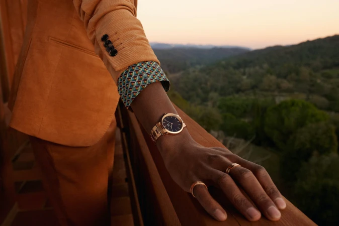 A tan-suited arm displaying a gold watch and rings rests on a wooden railing, with green hills and a sunset-tinged sky in the distance.