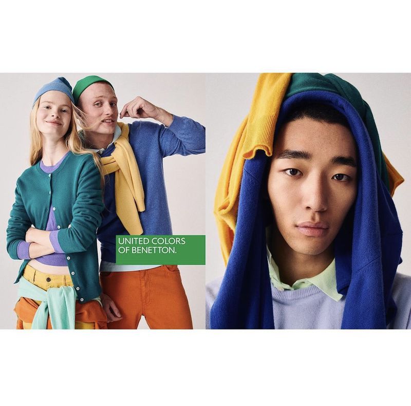 Fashion ad featuring a woman and man in colorful knitwear, alongside a close-up of a man with sweaters draped over his head.