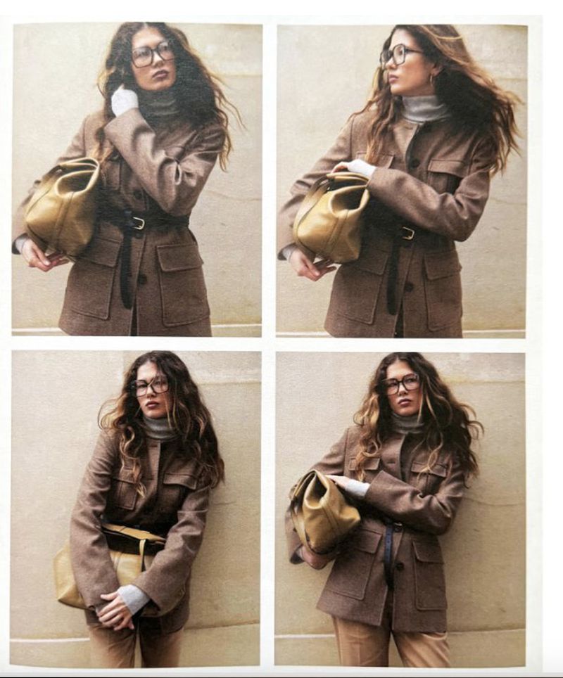 A woman poses in four frames wearing a brown jacket, turtleneck, glasses, and carrying a tan handbag against a neutral background.