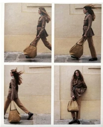 Four-panel editorial featuring a woman in a brown belted jacket walking and holding a large tote bag against a textured wall