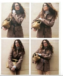 Four-panel photo layout showing a woman wearing a brown jacket holding a leather handbag against a wall