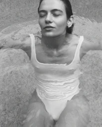 Model floating in a pool wearing a wet white tank top with closed eyes for Sarah & Sebastian campaign by Tim Ashton