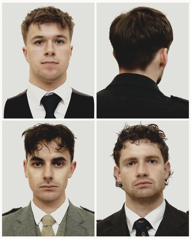 Four headshot portraits of men wearing suits and ties are arranged in a grid against a clean, light background. Formal wear.