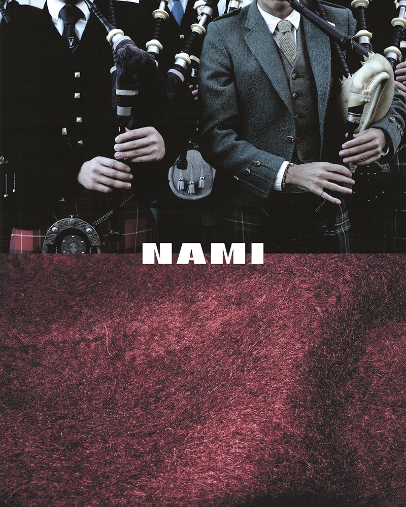 Three bagpipers in kilts and jackets, focus on their traditional dress and instruments, with a textured maroon backdrop.