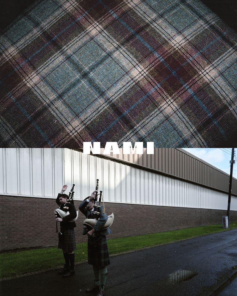 Two bagpipers in kilts stand outside a building; the image is split with a plaid pattern and the text “NAMI” at the top.