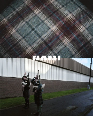 Two bagpipers in kilts stand outside a building; the image is split with a plaid pattern and the text “NAMI” at the top.