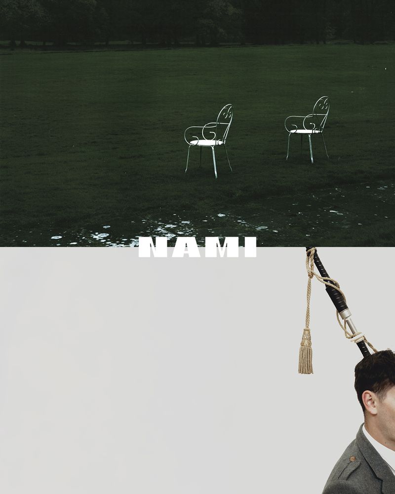 Creative image split between an outdoor scene with chairs and indoor shot of a musician with a bagpipe, and the name 'NAMI'.