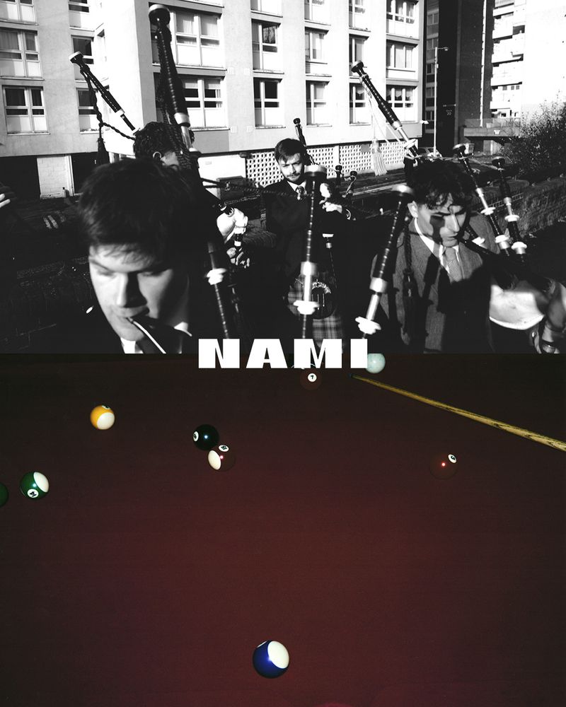 Group of bagpipe players in black and white with building backdrop, contrasted with a color image of a pool table.