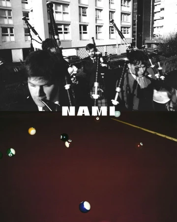 Group of bagpipe players in black and white with building backdrop, contrasted with a color image of a pool table.
