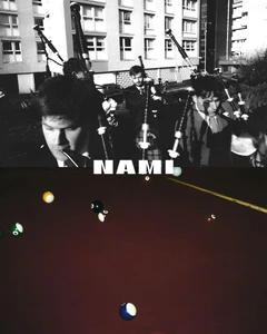 Split-frame image featuring three men playing bagpipes outdoors in the top half and a dark pool table with scattered billiard balls below.