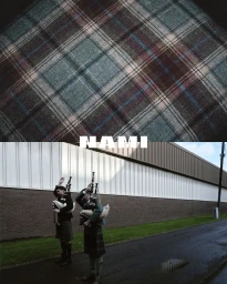 Two bagpipers in traditional Scottish kilts playing bagpipes outdoors beside a brick building under an overcast sky.