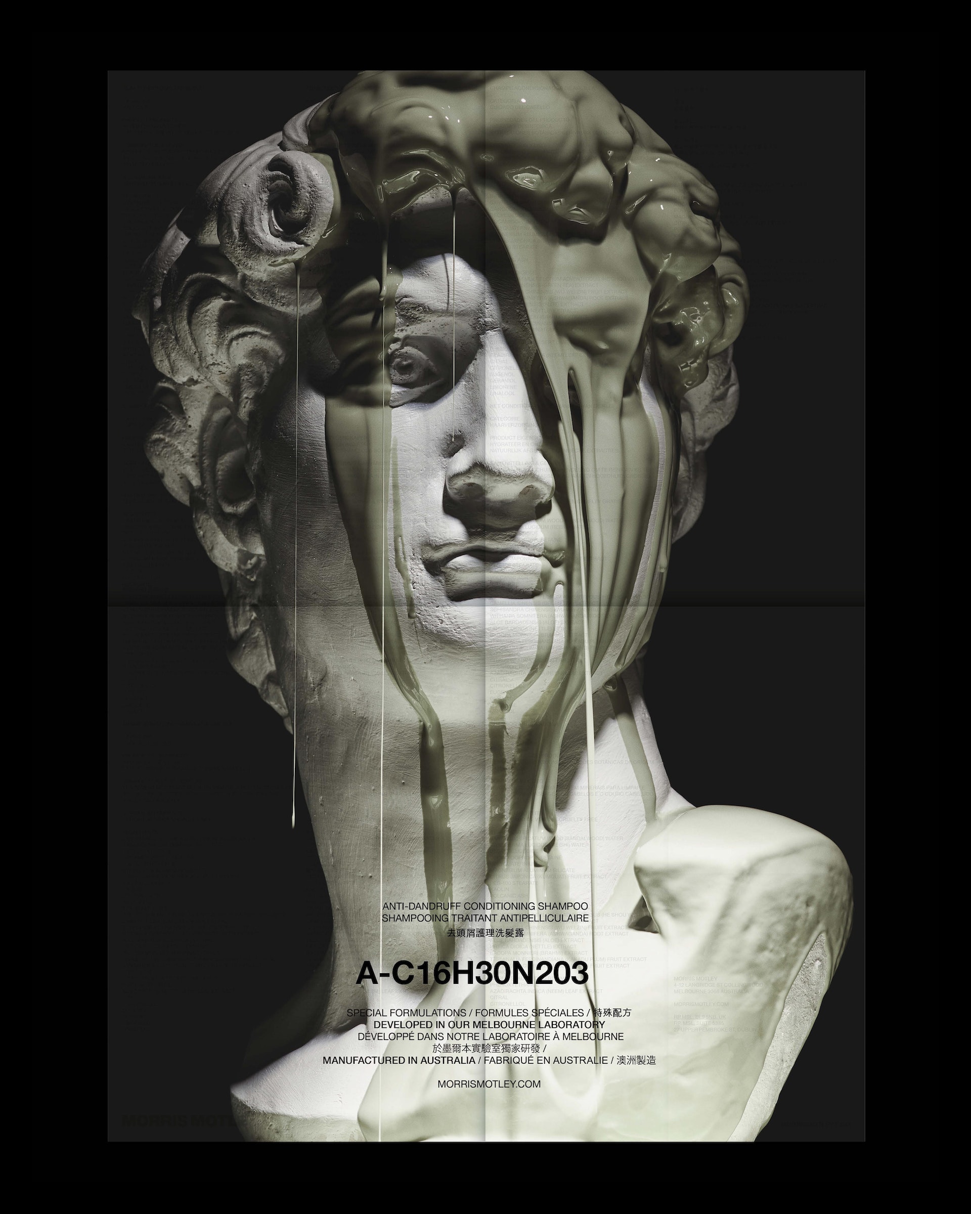 Plaster bust statue headshot with dripping olive green liquid and superimposed shampoo product label in a dark studio setting.