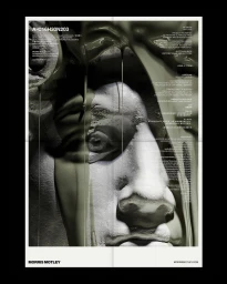 Close-up of a classical stone sculpture face covered in glossy dripping olive green liquid with typographic text overlay