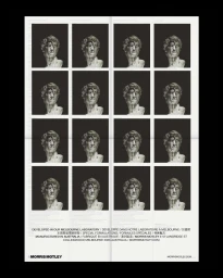 Grid of sixteen monochrome photographic portraits of a classical marble bust featuring hair draped over its face.
