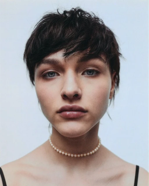 Close-up portrait of a young woman with short, dark hair and light eyes, wearing a pearl choker against a light background.