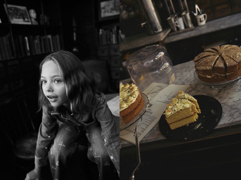 A split screen featuring a young girl in black and white and an arrangement of cakes and pastries on display in color.