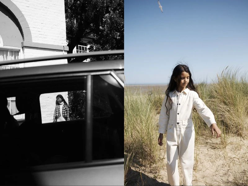 Split image: a child's reflection in a car window by a brick building; a girl in a jumpsuit walking on a grassy sand dune.