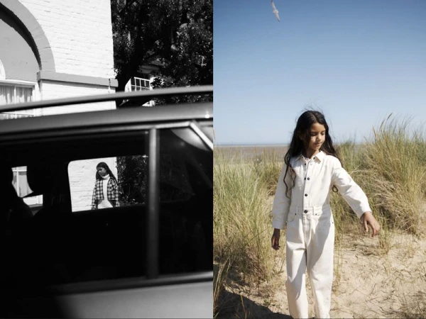 Split image: a child's reflection in a car window by a brick building; a girl in a jumpsuit walking on a grassy sand dune.