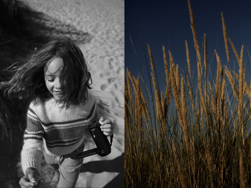 Young child filming with a camcorder in a split screen image with tall grass on the right and a young child with a camera on the left.