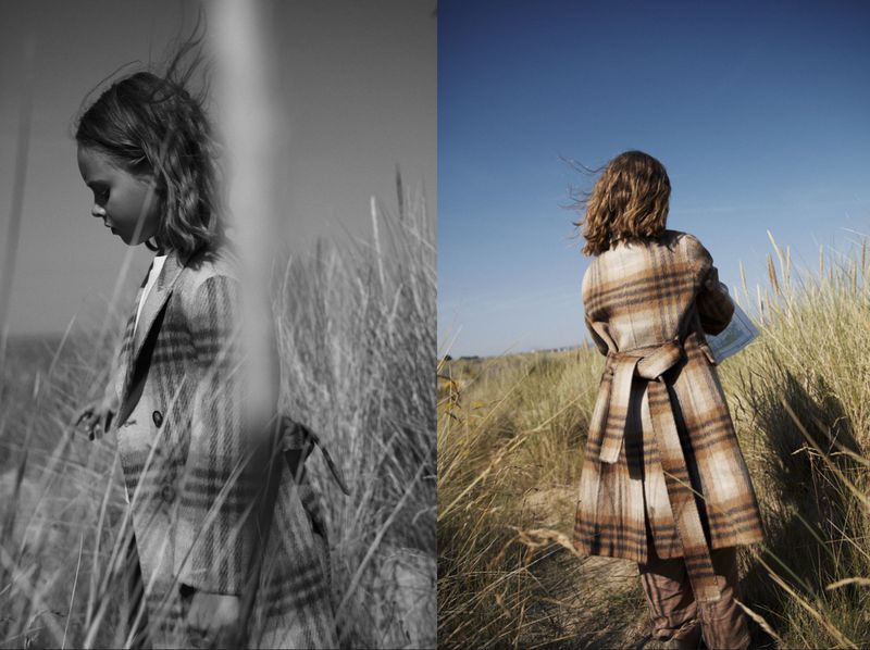 Split-screen of a child in a plaid coat standing in tall grasses, one side in black and white, the other side in full color.