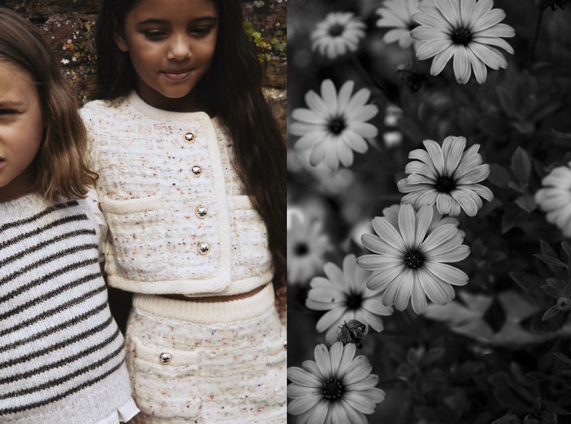 Two young girls in matching tweed outfits pose in a split frame with daisies, a fashion shoot that highlights childrenswear and nature.