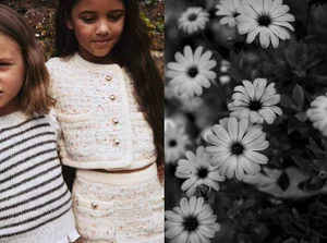 Two young girls in knitwear standing outdoors next to a black-and-white image of daisies