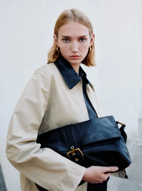 Adult woman posing with a black leather satchel handbag, wearing a tan trench coat with gold earrings against a bright white wall.