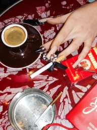 Close-up of a hand with long manicured nails resting on a red marbled table next to an espresso cup, cigarette pack, and ashtray.