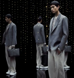 Models in grey blazers and neutral trousers holding black handbags against a dark background with vertical lights