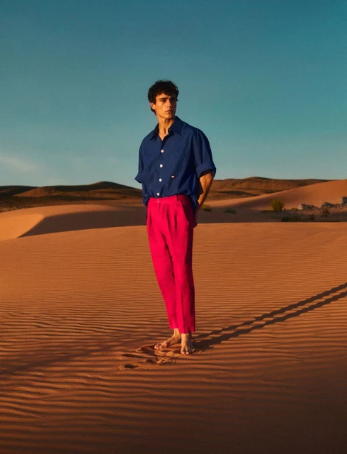A young adult man stands barefoot on a sand dune wearing a blue shirt and pink pants in a desert setting with a clear blue sky.
