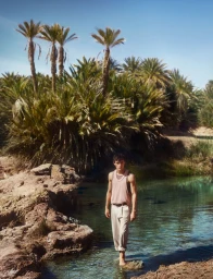 Young male model standing in a clear pool of water wearing a pink tank top and beige trousers in a lush oasis setting with palm trees.