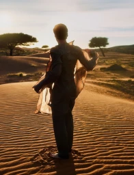 Model standing on sand dunes wearing a sheer jacket and dark trousers at sunset in the desert