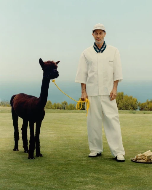 Stylish shot of a gray-haired man in chef whites leading a dark alpaca on green grass with the ocean and blue sky in the background.