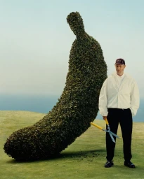 Jon Gries standing beside a large topiary banana holding hedge shears on a grassy slope overlooking the sea