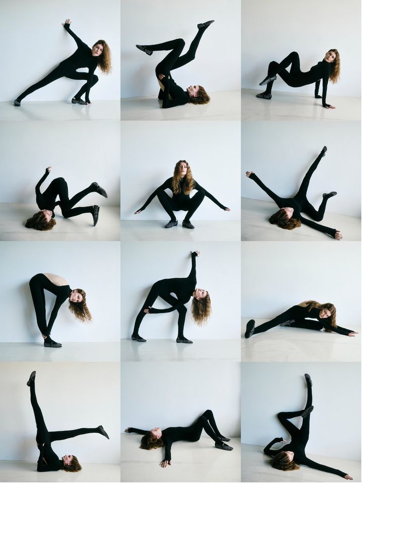 A collage of nine images showing a slender woman in a black catsuit in various yoga-inspired poses against a white backdrop.