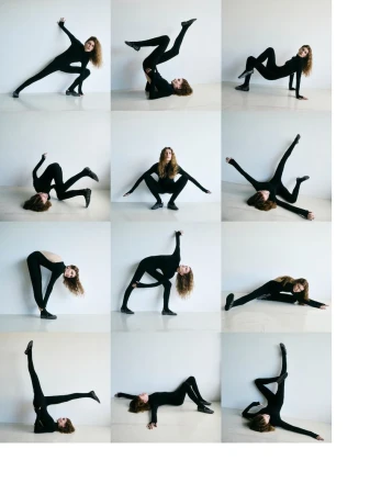 A multi-panel grid image showing a female model posing in a black bodysuit against a seamless white studio background.