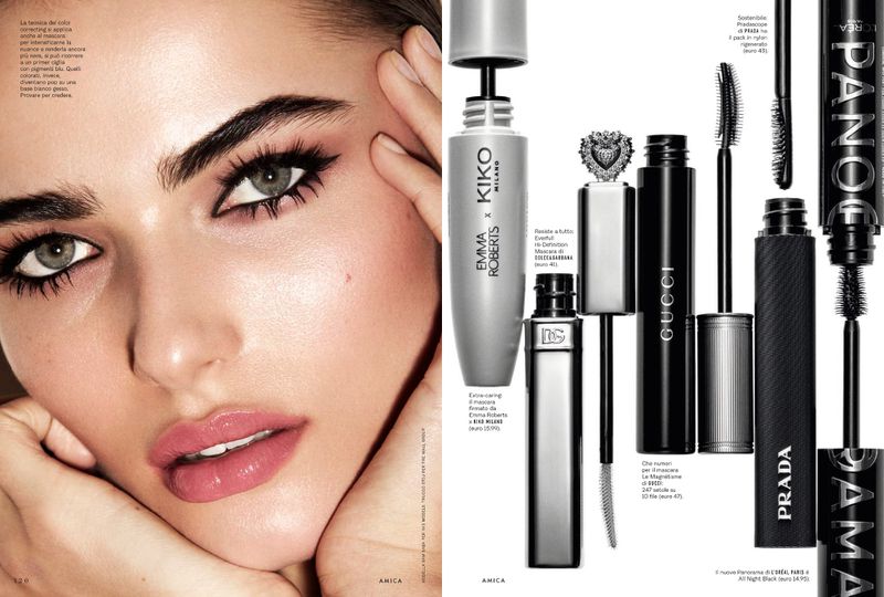 Beauty advertisement featuring a close-up of a woman's face and a selection of branded mascara products displayed on a white background.