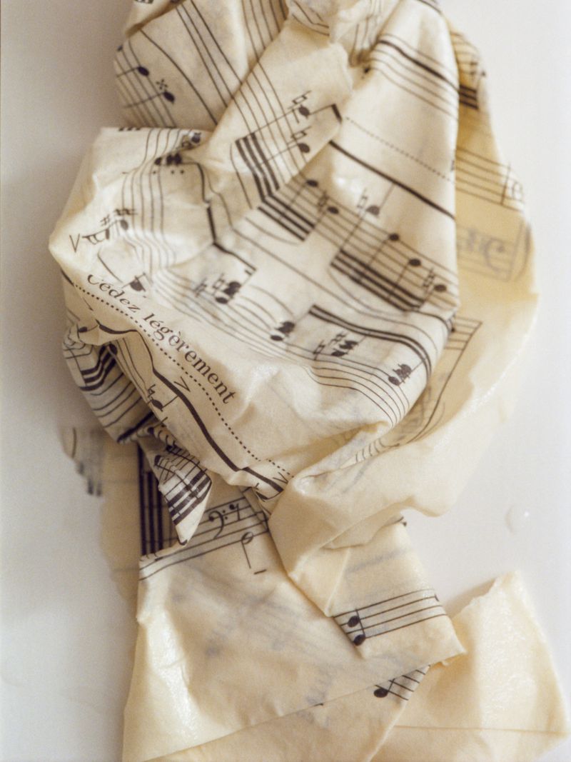 Wrinkled sheet music with visible notes, staff lines, and text in black ink on a beige background on a white surface.