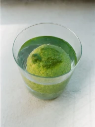 A textured green fruit submerged in water inside a clear glass tumbler resting on a light surface.