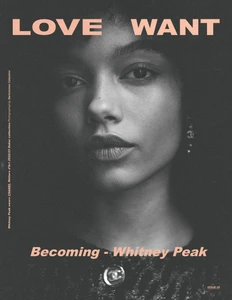 Close-up monochrome portrait of Whitney Peak with textured dark hair and a dark patterned top.