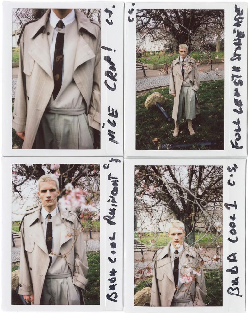 Fashion editorial featuring a male model in a trench coat, styled in a series of Polaroid-style shots in an outdoor setting. 